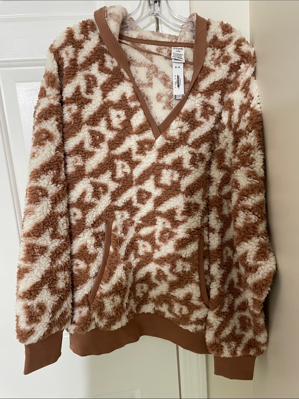 PINK Victoria's Secret Brown & Cream Sherpa V-Neck Hoodie